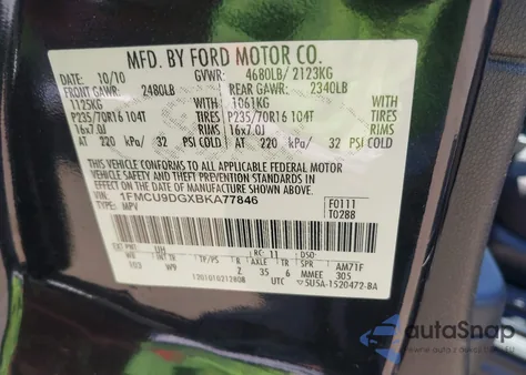 2011 Ford Escape Xlt z USA, uszkodzony, nr VIN 1FMCU9DGXBKA77846